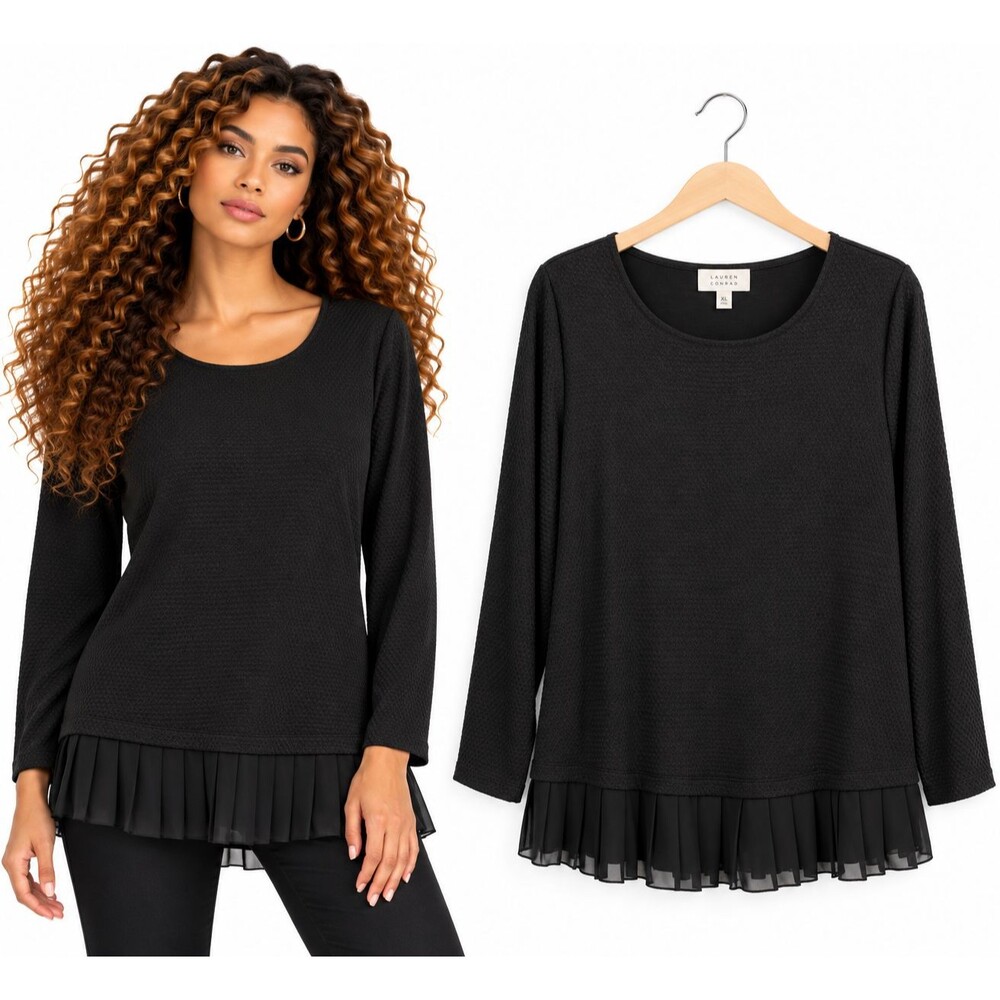 New Lauren Conrad Black Tunic Top Size XL Pleated Chiffon Hem Long Sleeve
